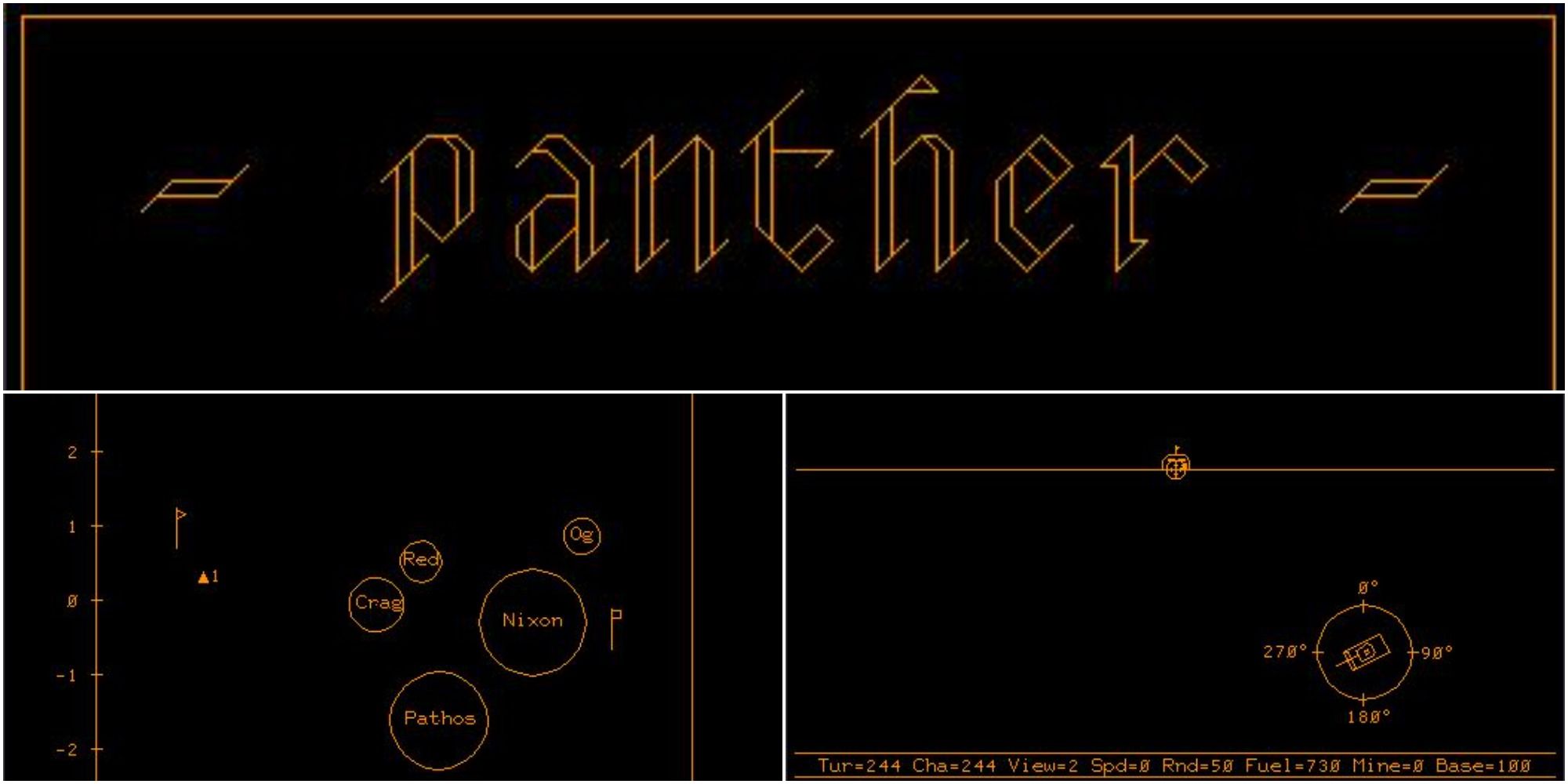 A menu screen and map from Panther on the PLATO system.