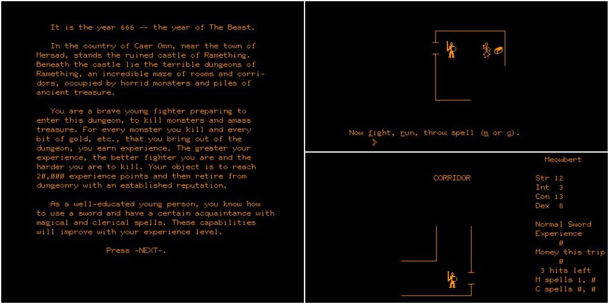 A lore screen and battle from pedit5 on the PLATO system.