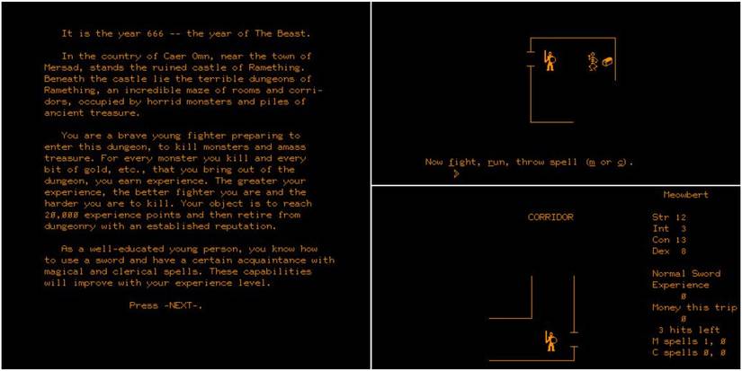 A lore screen and battle from pedit5 on the PLATO system.