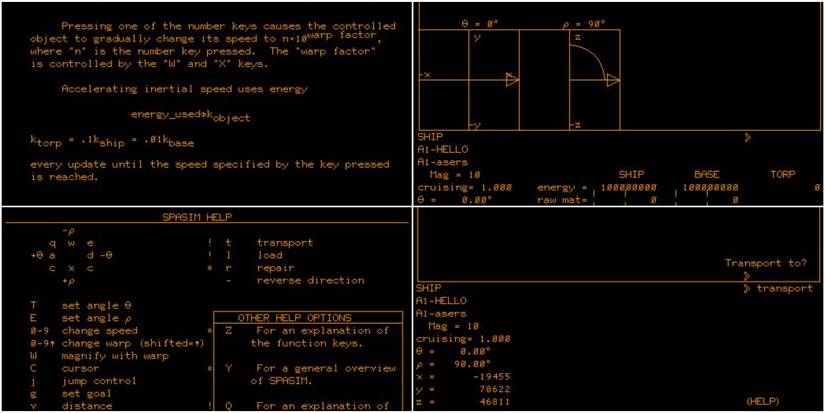 A menu and data screen of the game Spasim for the PLATO system.