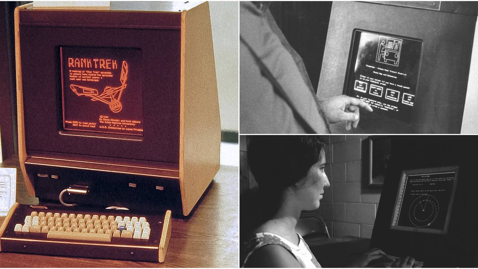 Three photographs of the PLATO system displayed on mainframe computers.