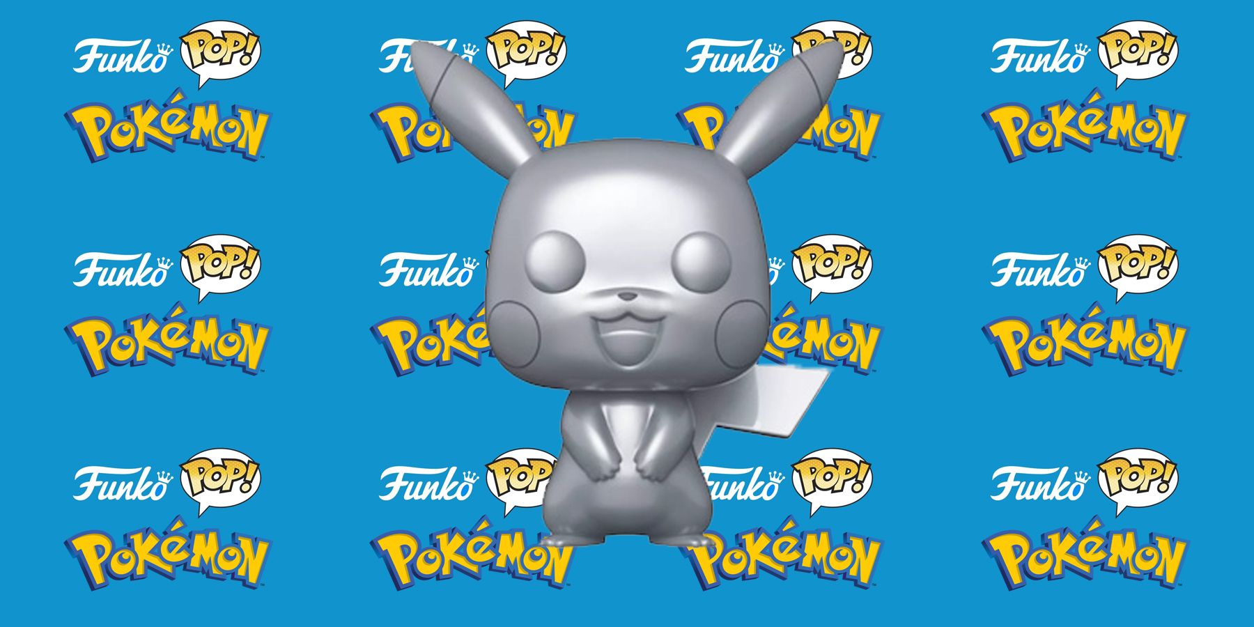 pokemon-funThe Silver Metallic Pikachu Funko Pop with the Pokemon and Funko Pop logos tiled in the background.ko-pop-text-logos-silver-metallic-pikachu