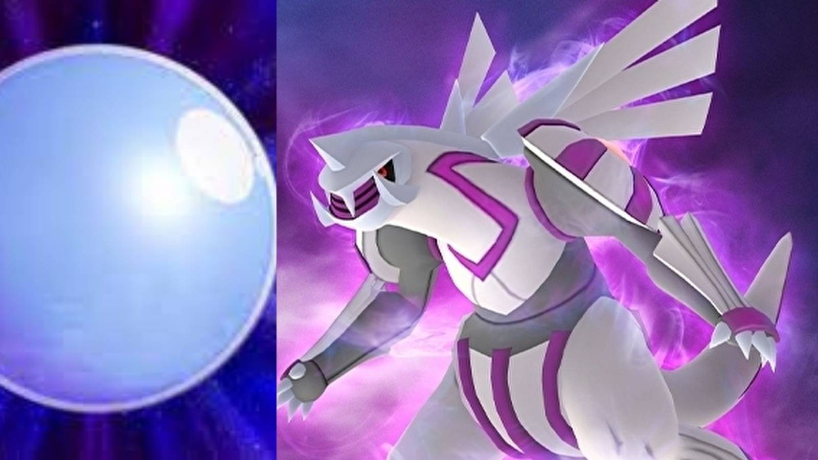 Split image of the Lustrous Orb and the Pokemon Palkia. 