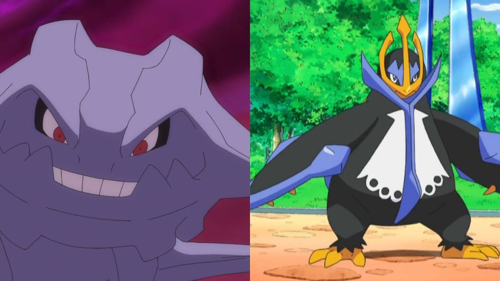 A split image of the Pokemon Steelix and Empoleon. 
