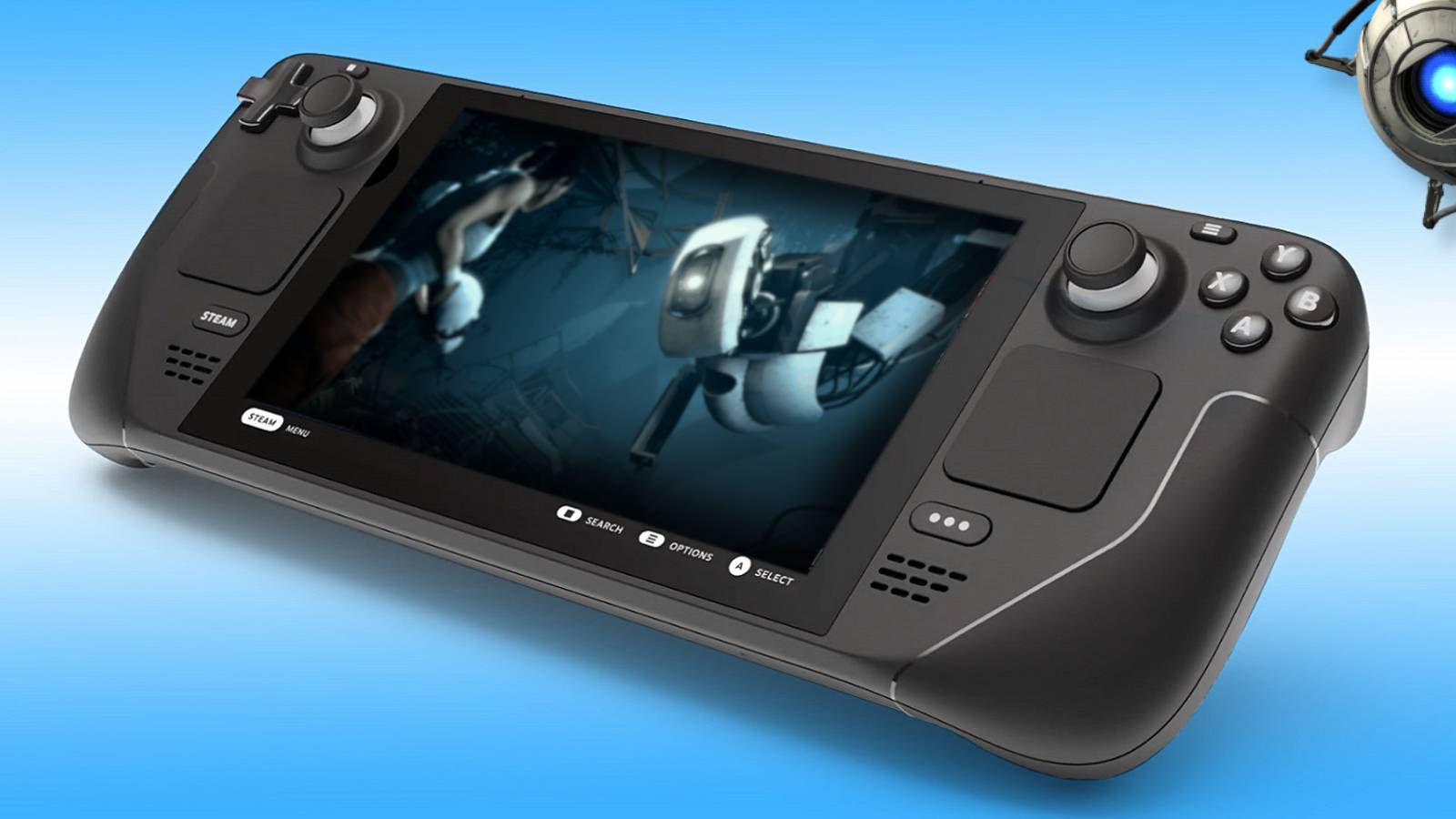 Photo of a Steam Deck with Portal 2 image on the screen and Wheatley in the corner.