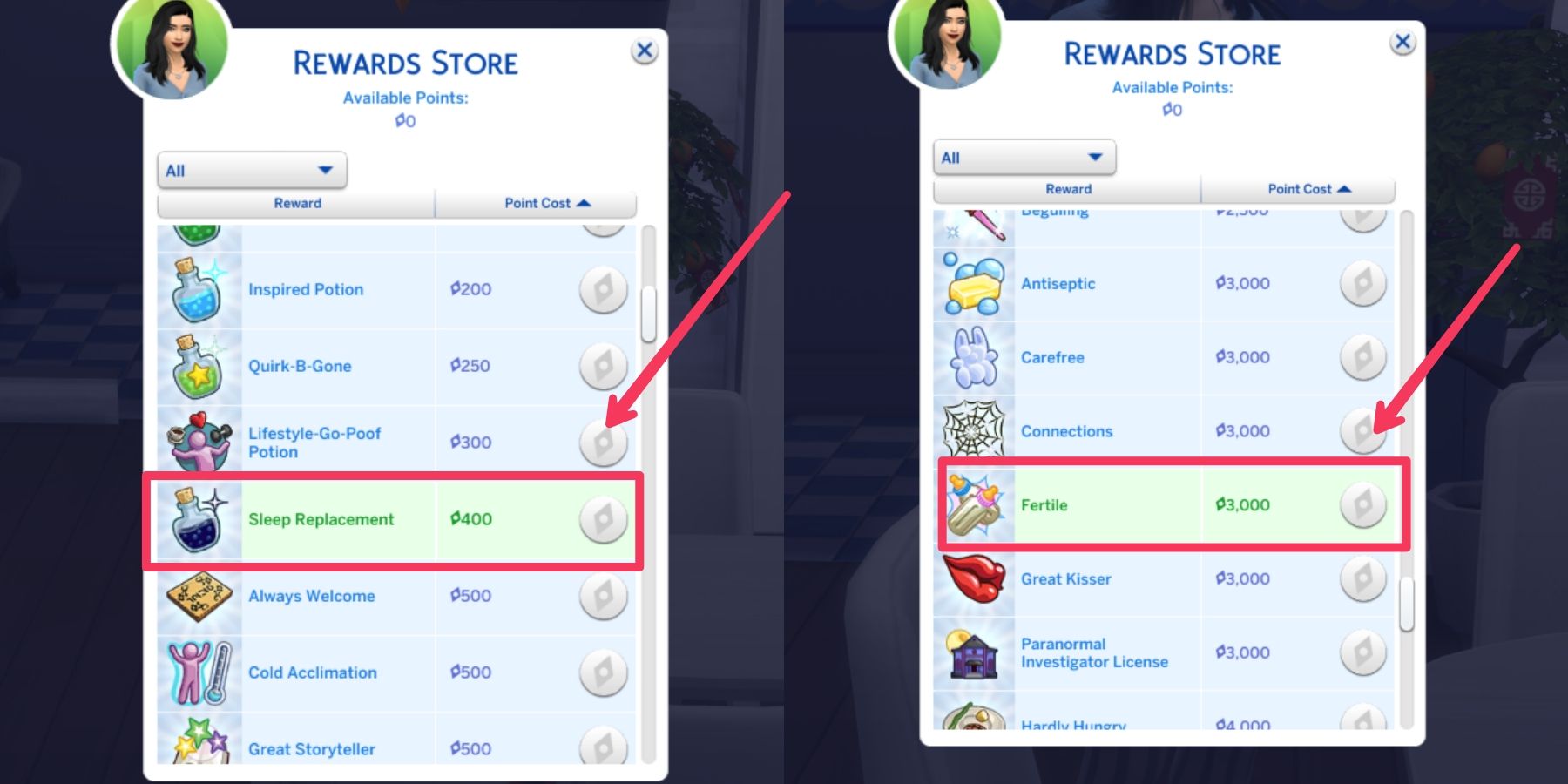 potions and traits in the reward store in the sims 4