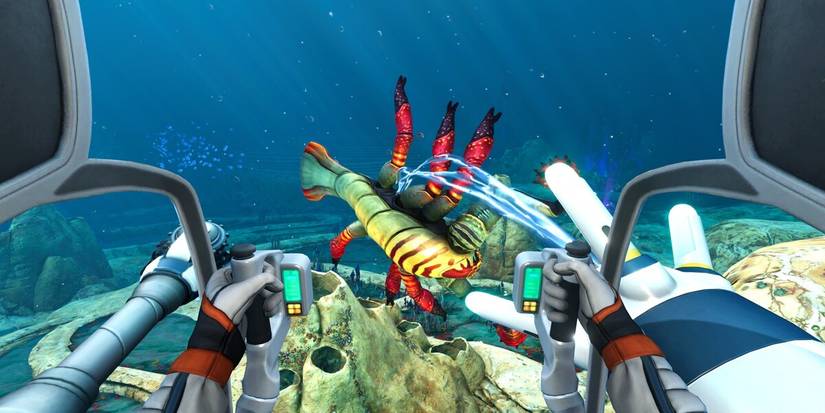 Subnautica Below Zero Prawn Suit using its propulsion cannon