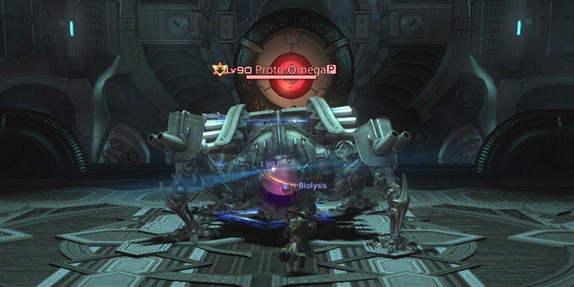 The Stigma Dreamscape dungeon from Final Fantasy 14: Endwalker. An adventurer fights a quadraped machine, Proto-Omega.