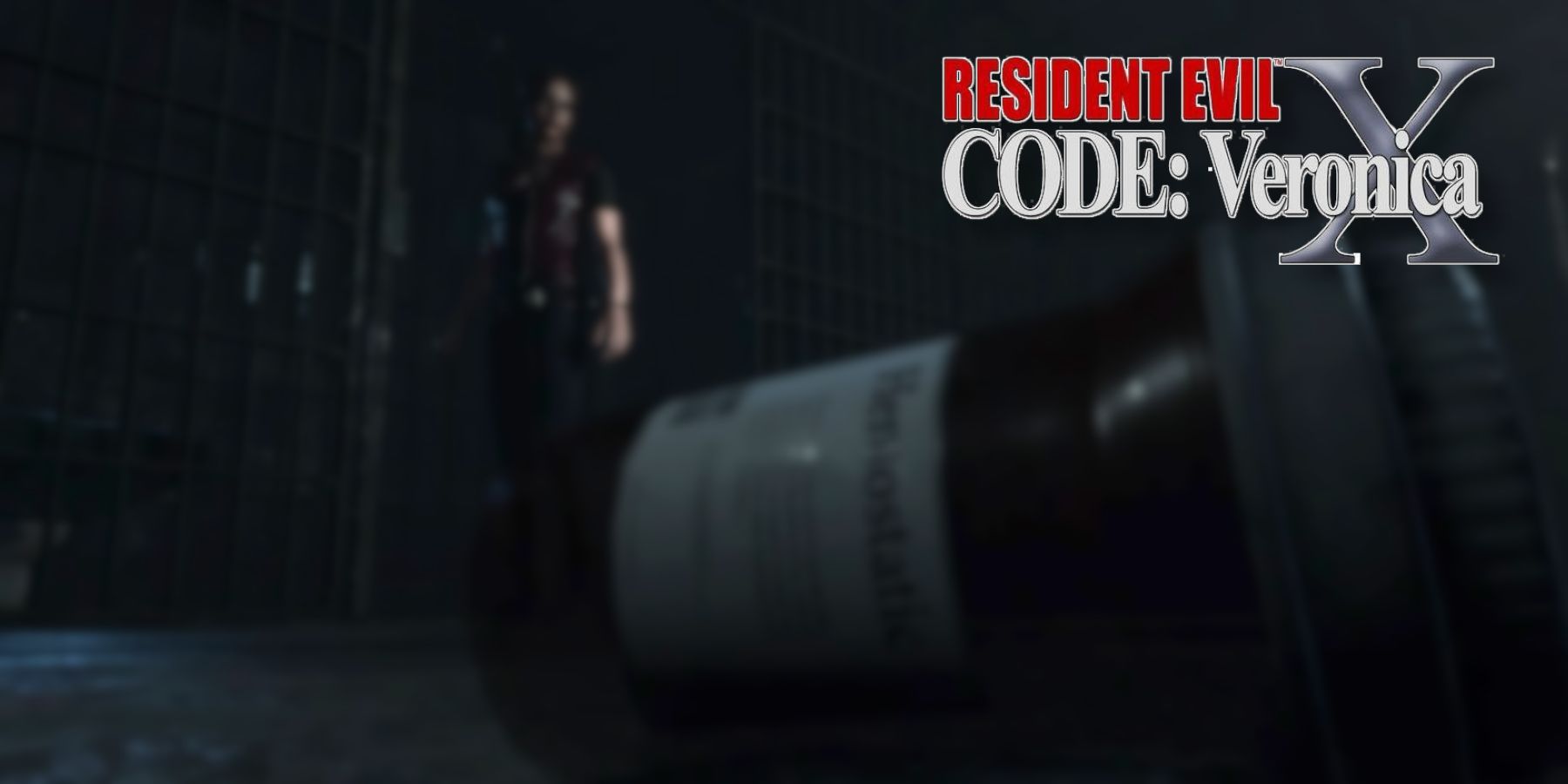 Image from fan made Resident Evil: Code Veronica remake showing a bottle of pills in the foreground and Claire Redfield in the background.