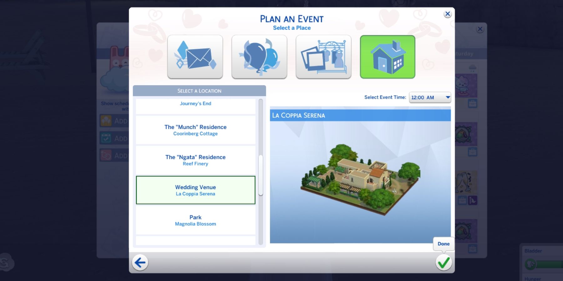 select a place for wedding rehearsal in the sims 4