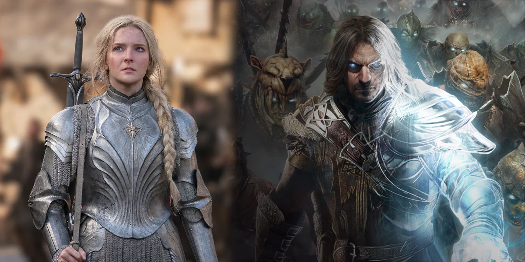 A split screen between Galadriel from the show Rings of Power and Talion from the game Shadow of Mordor