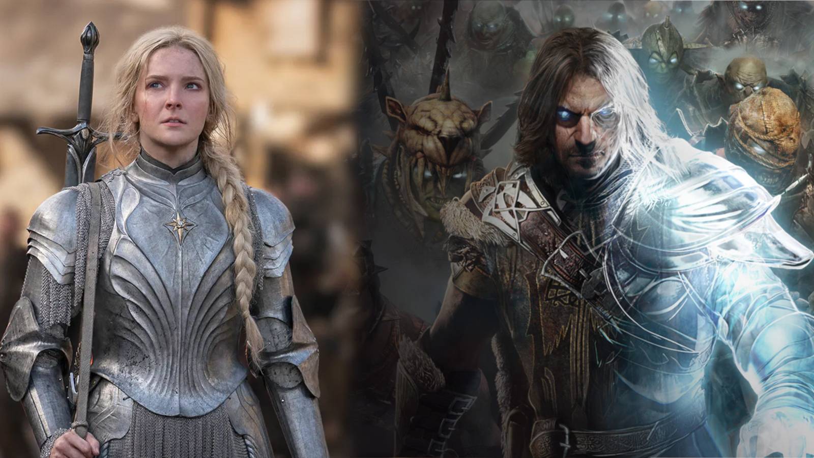 A split screen between Galadriel from the show Rings of Power and Talion from the game Shadow of Mordor