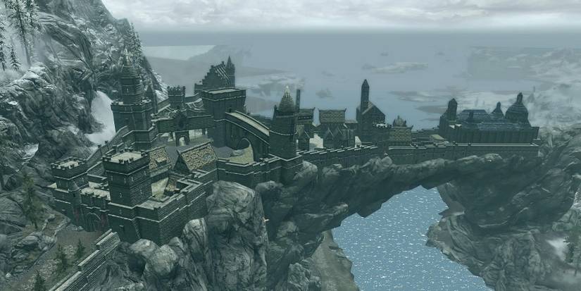 Screenshot from Skyrim showing a long range image of the city of Solitude.