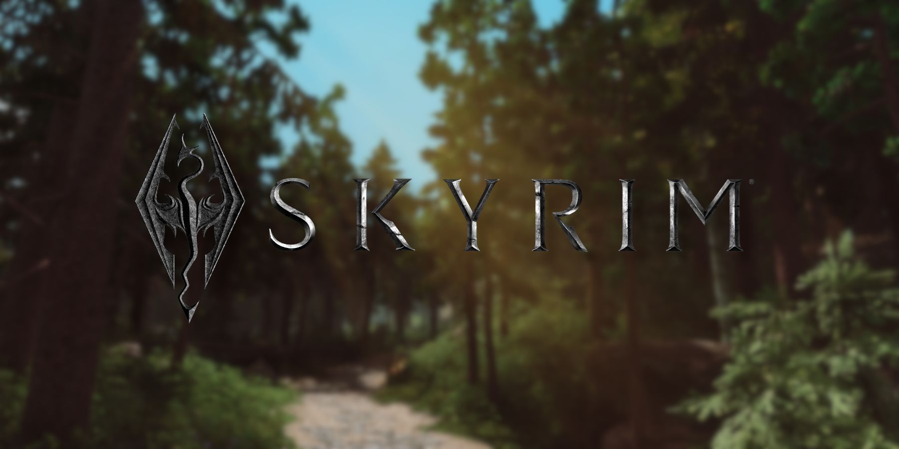 The Elder Scrolls 5: Skyrim logo in the foregound with some in-game trees in the background.