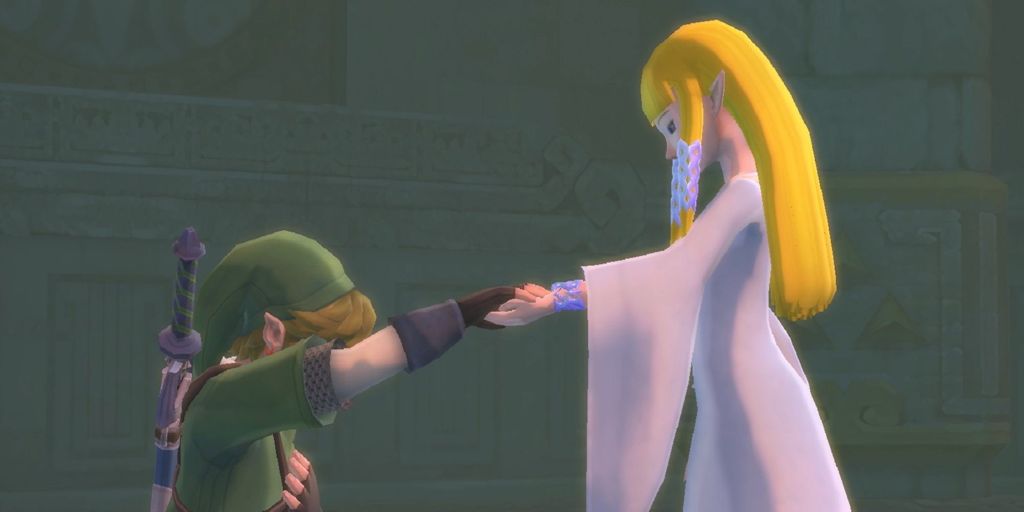 Link kneels in front of Zelda in ceremonial wear from Skyward Sword.
