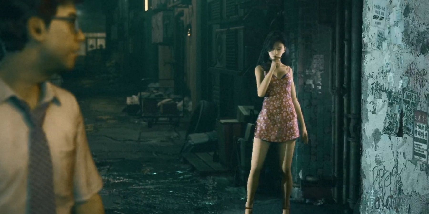 Image from Slitterhead trailer showing a woman in a short dress approaching a man in a shirt and tie.