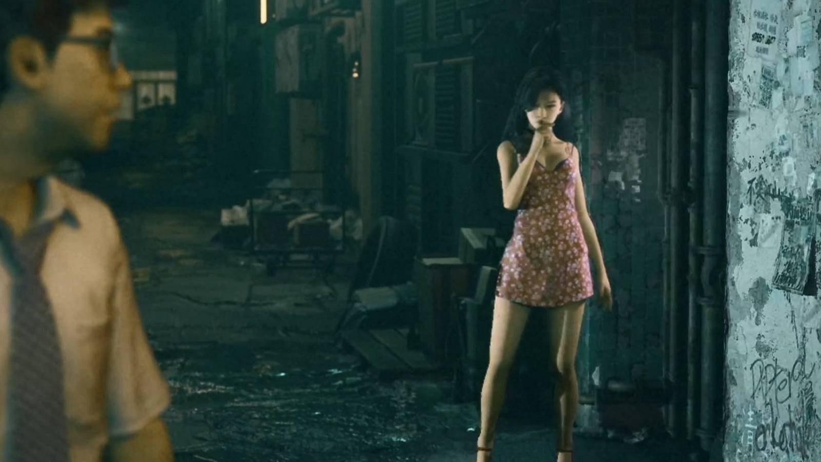 Image from Slitterhead trailer showing a woman in a short dress approaching a man in a shirt and tie.