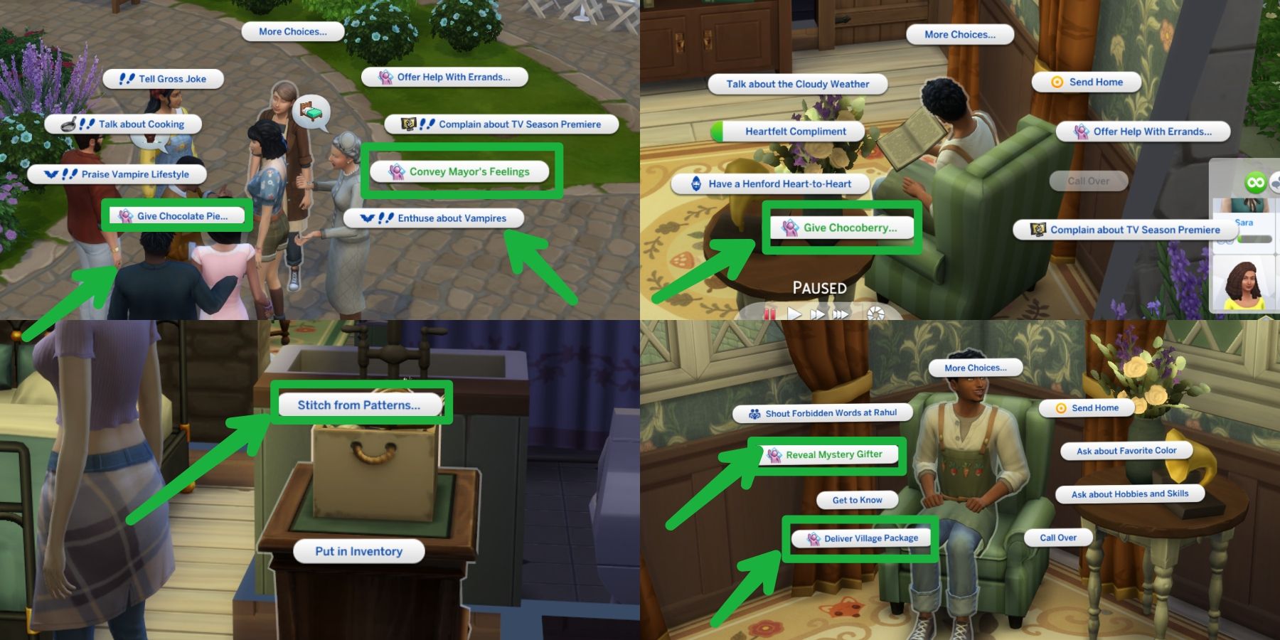 some of Rahul's errands in the Sims 4 Cottage Living