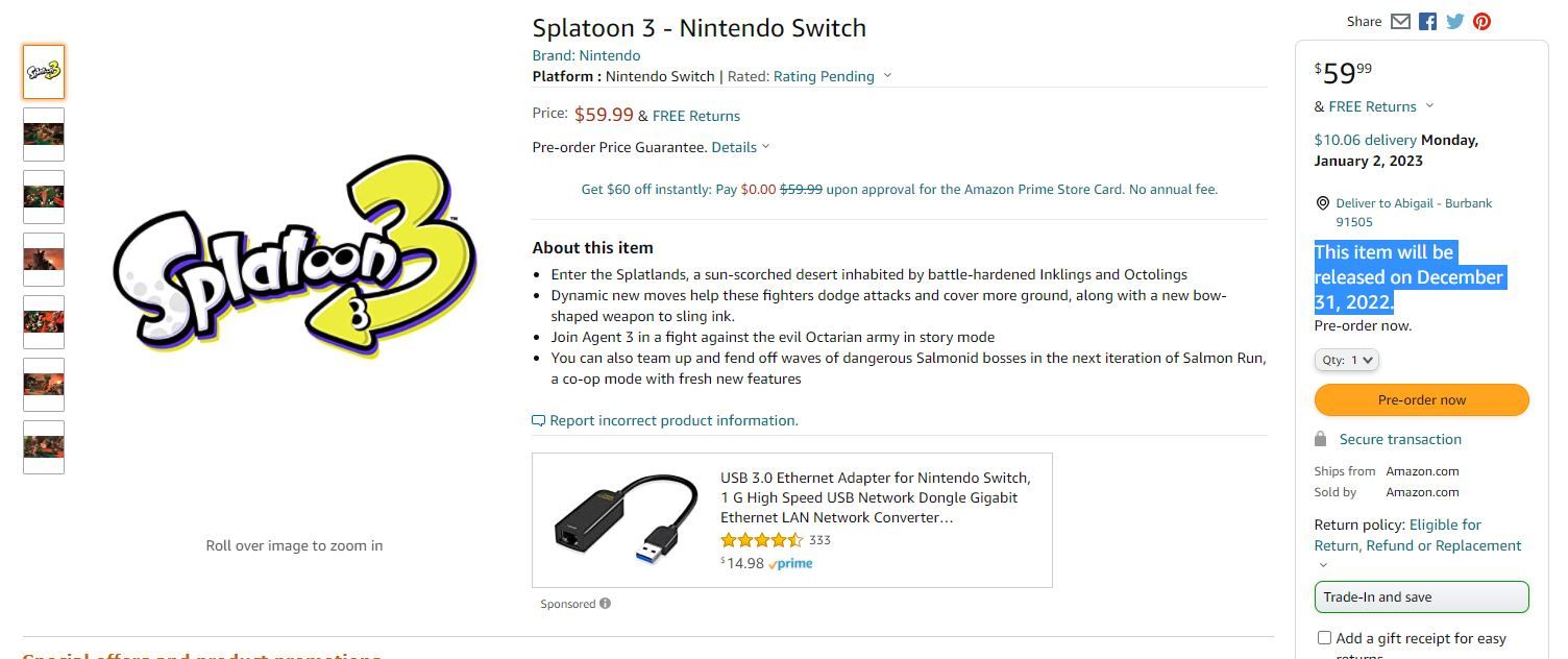 splatoon 3 physical copy amazon listing