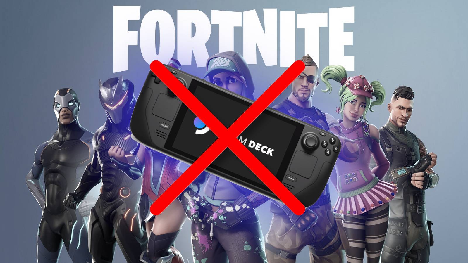 Fortnite logo and characters behind a Steam Deck with a red cross through it.