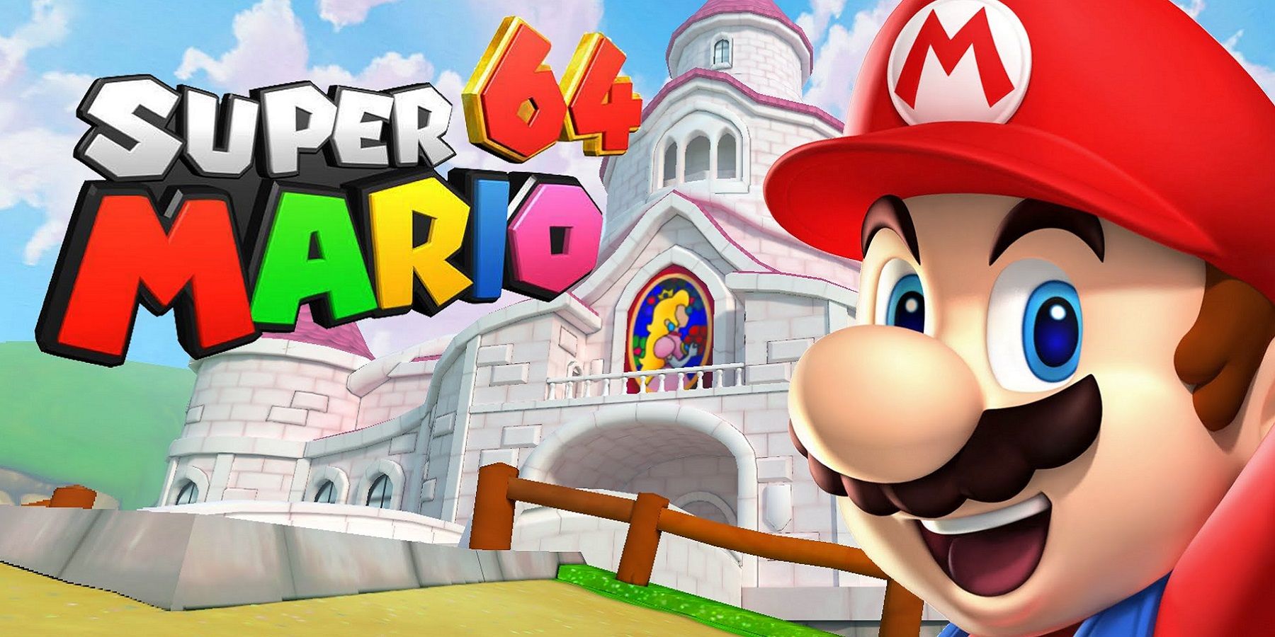 Image of Mario in front of Peach's castle with the Super Mario 64 logo to one side.