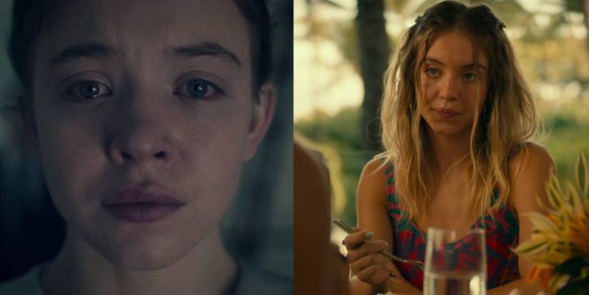 A split image features Sydney Sweeney in The Handmaid's Tale and White Lotus