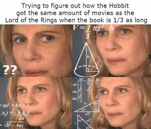 Lord of the Rings meme in regards to The Hobbit's movie length compared to its book counterpart.