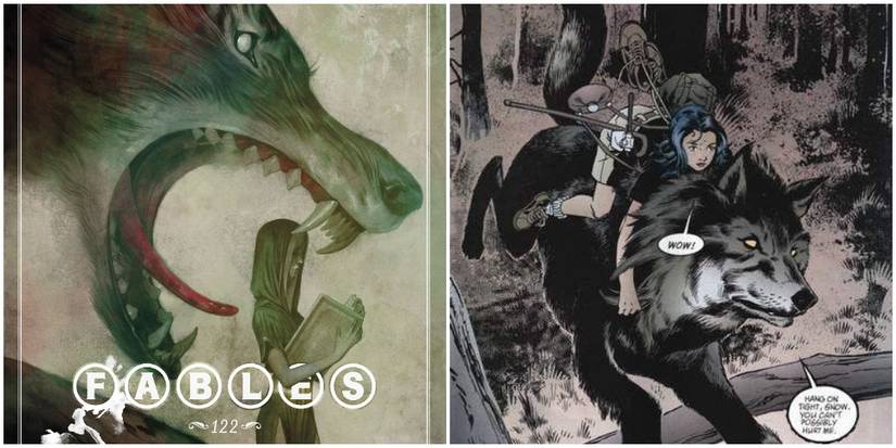 Split image of Fable comic cover and Bigby with Snow White.