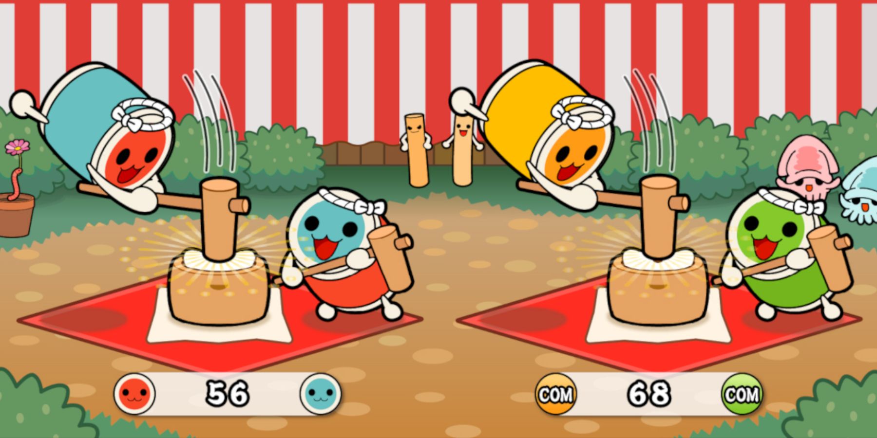 The taiko drum characters from Taiko no Tatsujin: Drum Session make mochi together.