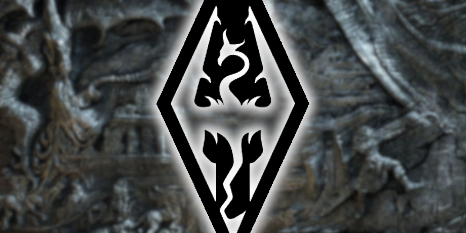 Image of the Skyrim logo in the middle with Alduin's Wall behind it.