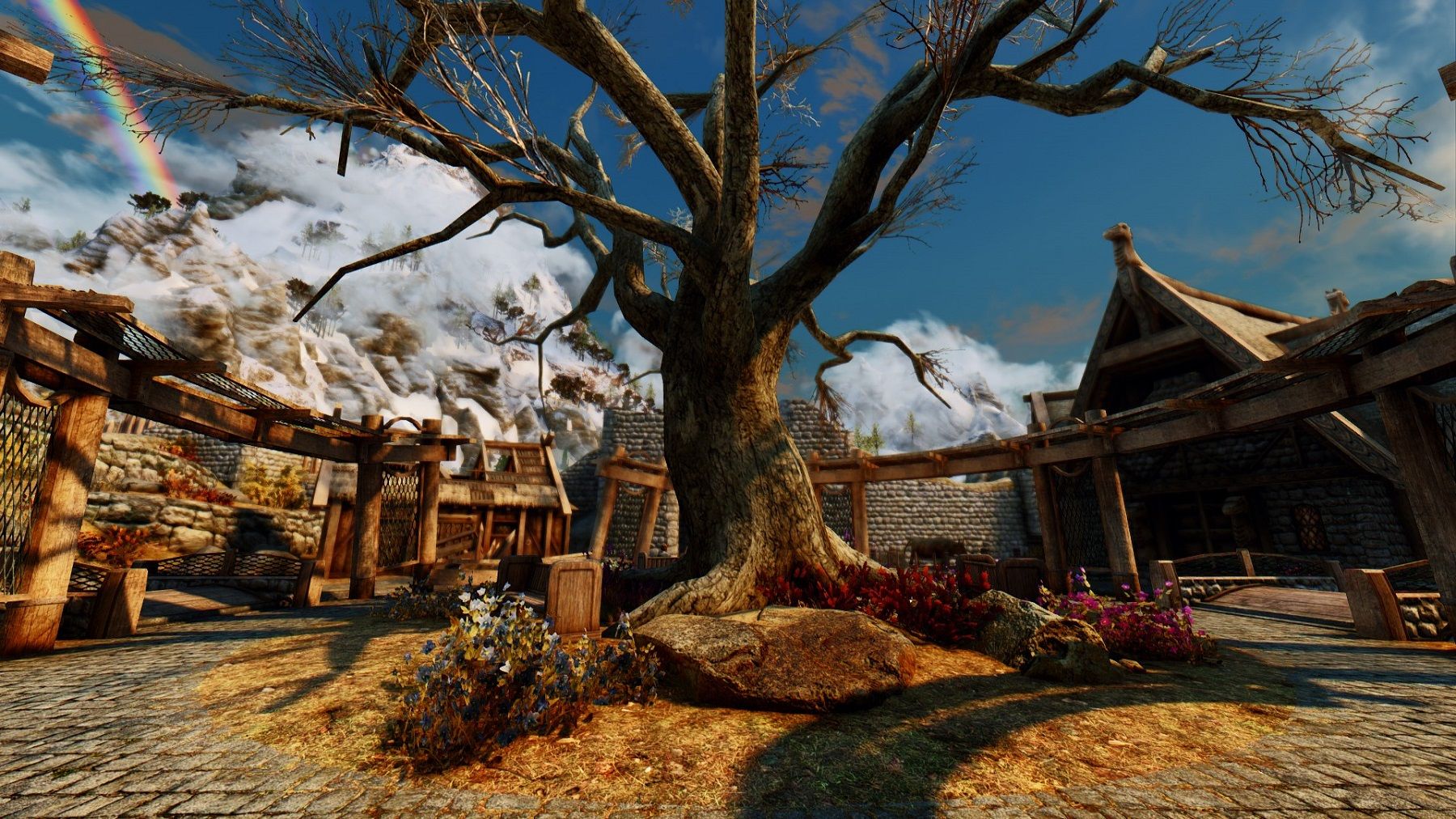 Image from Skyrim showing a tree in the middle of a town square.