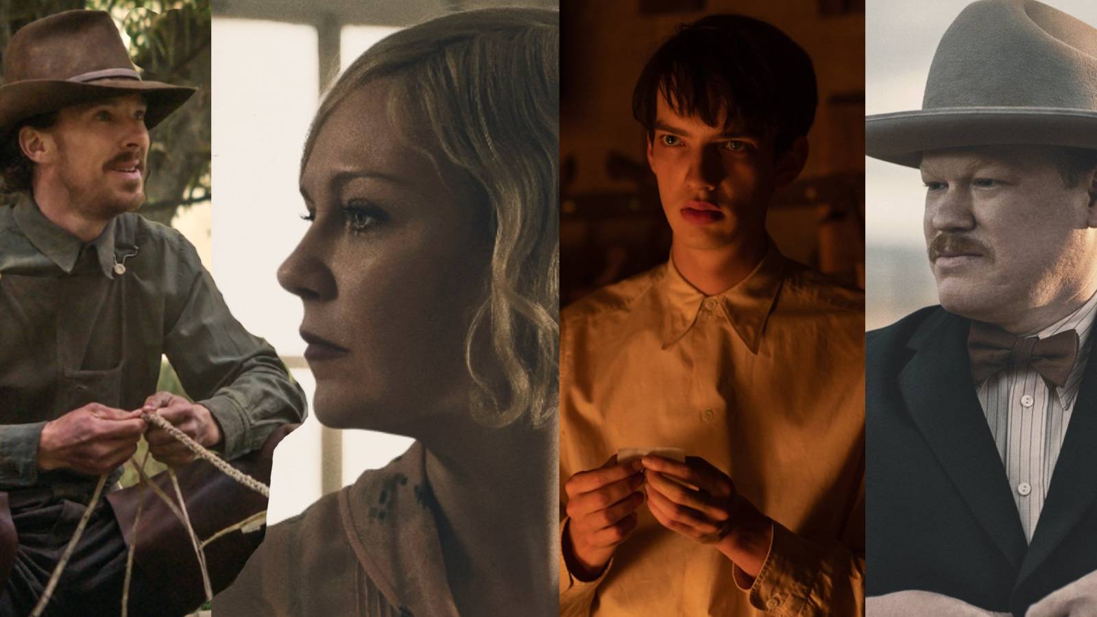 Phil Burbank (Benedict Cumberbatch), Rose (Kirsten Dunst), Peter (Kodi Smit-McPhee), and George (Jesse Plemons)