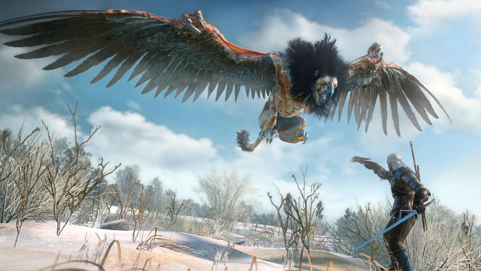 Geralt fighting a Griffin