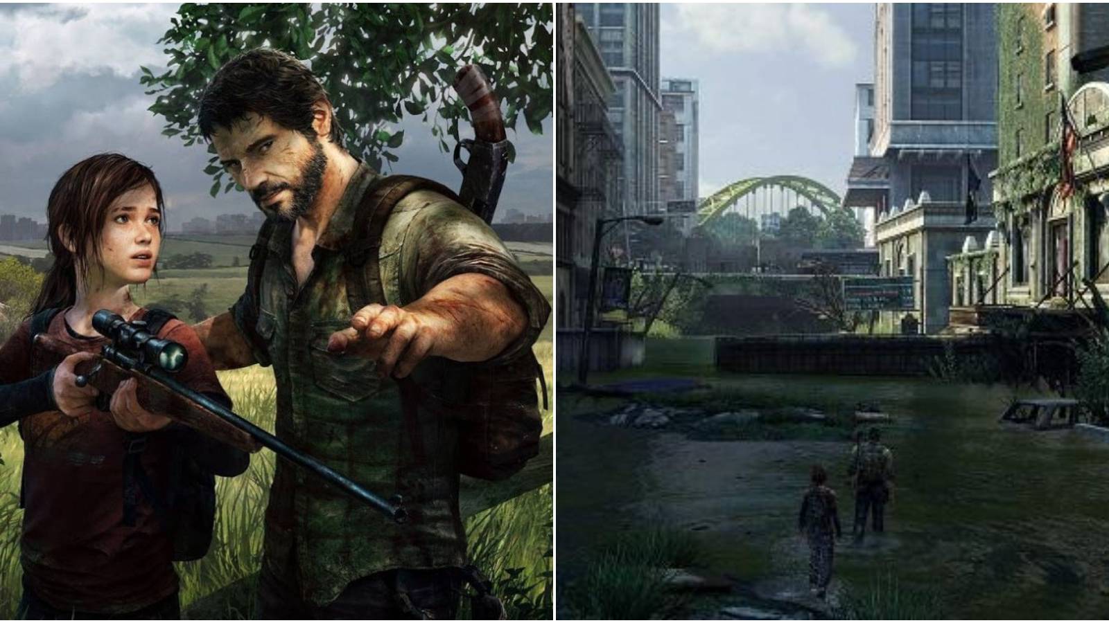 (Left) Joel and Ellie in a field (Right) Joel and Ellie walking through a post-apocalyptic city