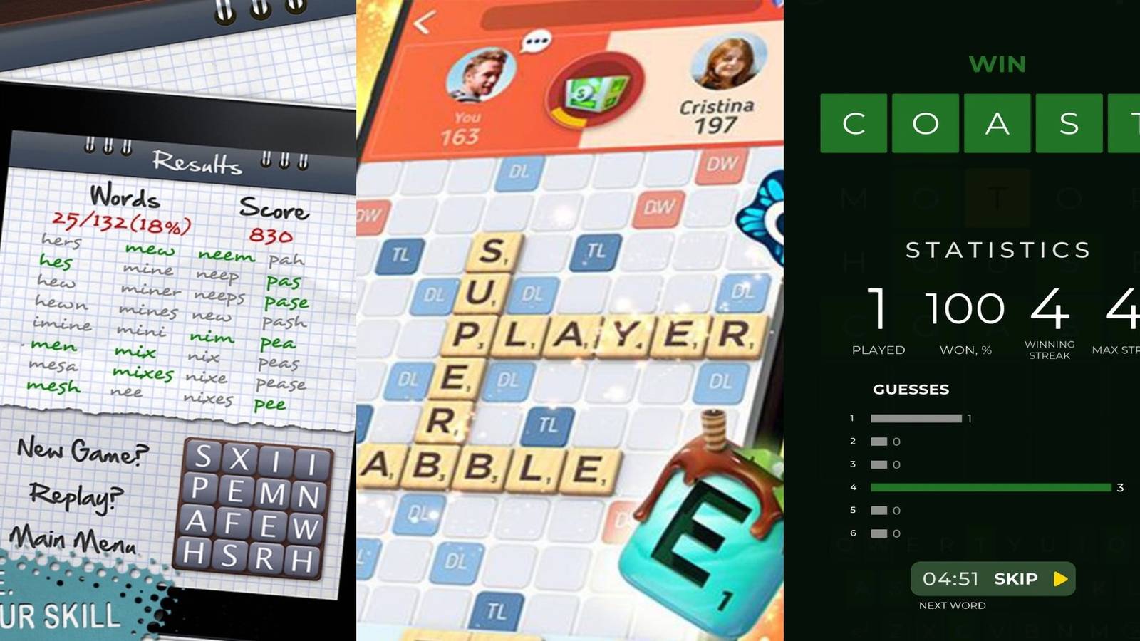 title split image wordle-like games words of wonder scrabble go wordix