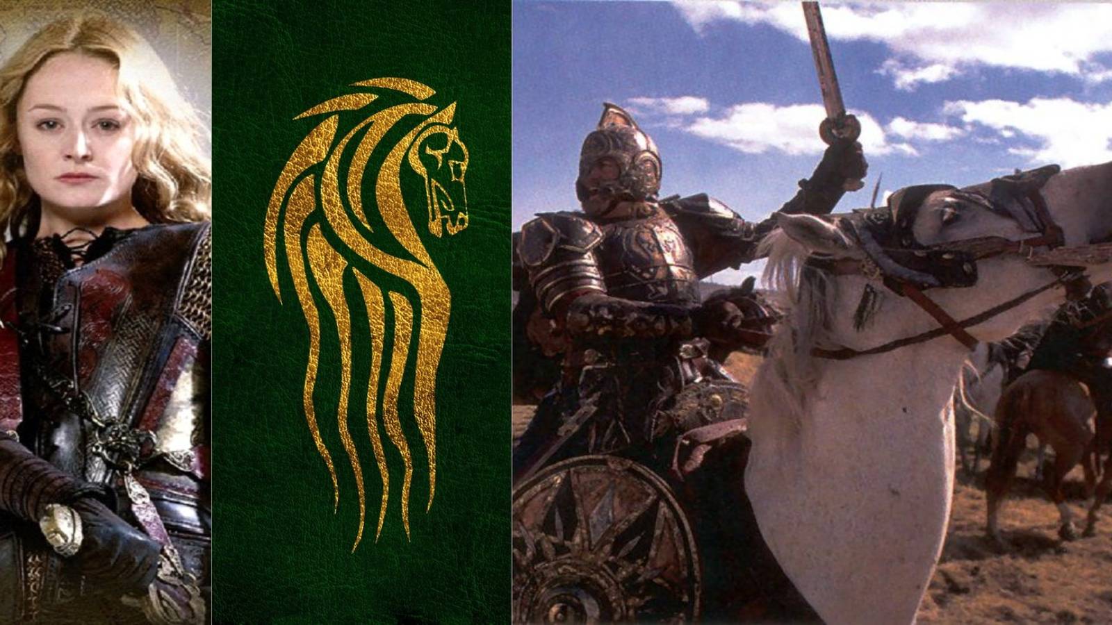 title split image Emowyn flag of Rohan King Theoden and Snowmane