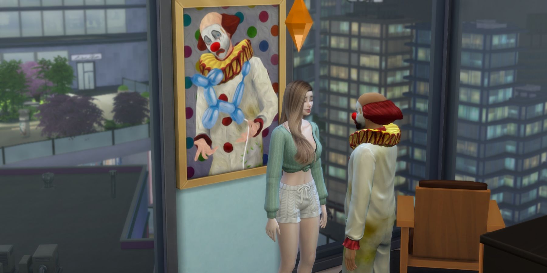 tragic clown standing in front if his painting in the sims 4