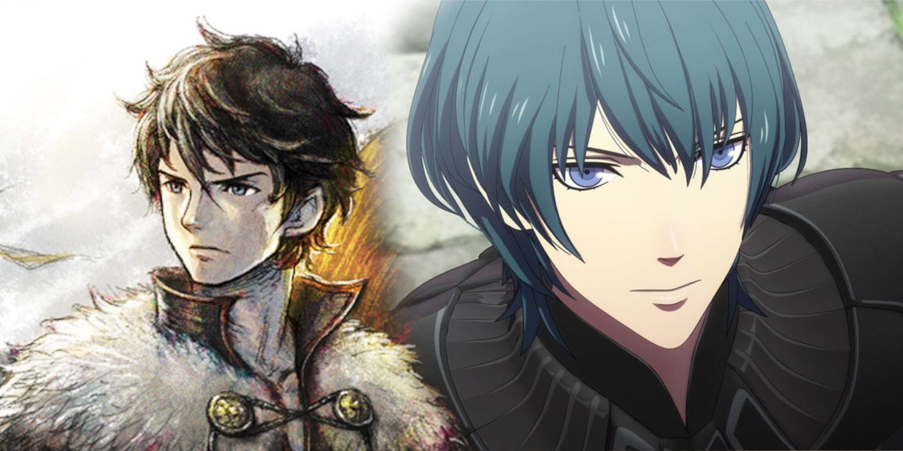 A split image between Serenoa from Triangle Strategy and male Byleth from Fire Emblem: Three Houses.