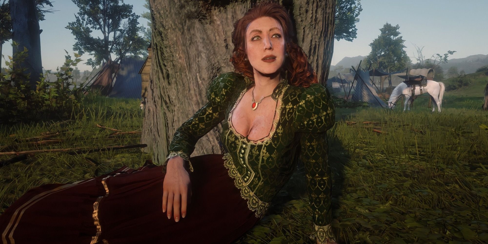 Red Dead Redemption 2 Molly O'Shea leaning against tree