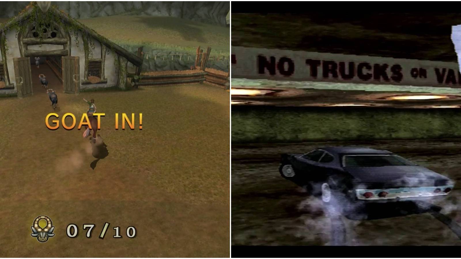 (Left) Link herding goats (Right) Car driving fast in a parking lot