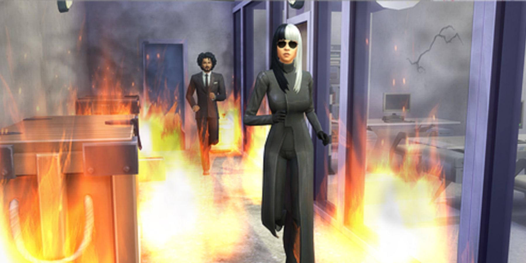two sims running through a fire in the sims 4