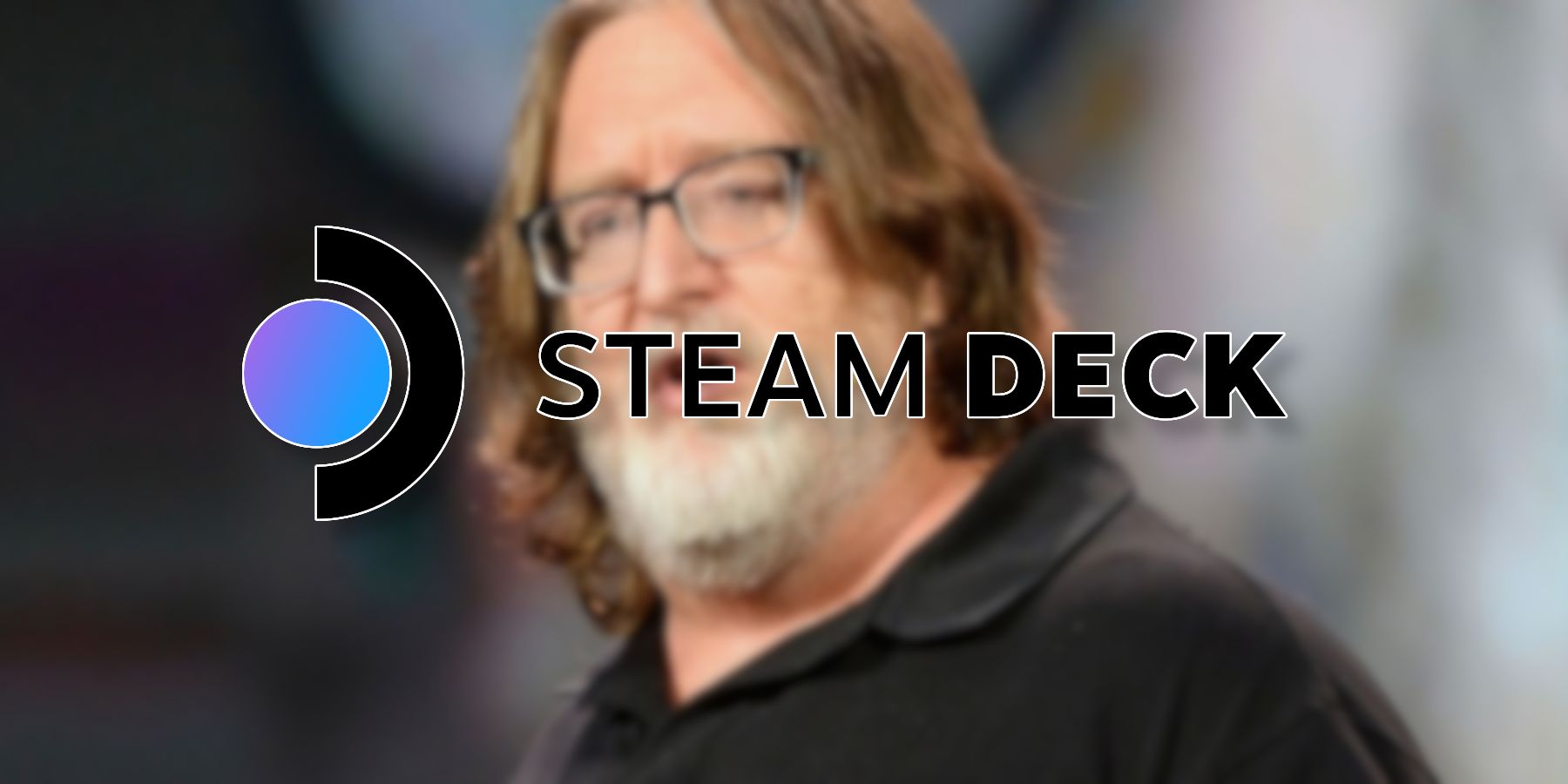 An image of Valve CEO Gabe Newell with the Steam Deck logo in front of him.