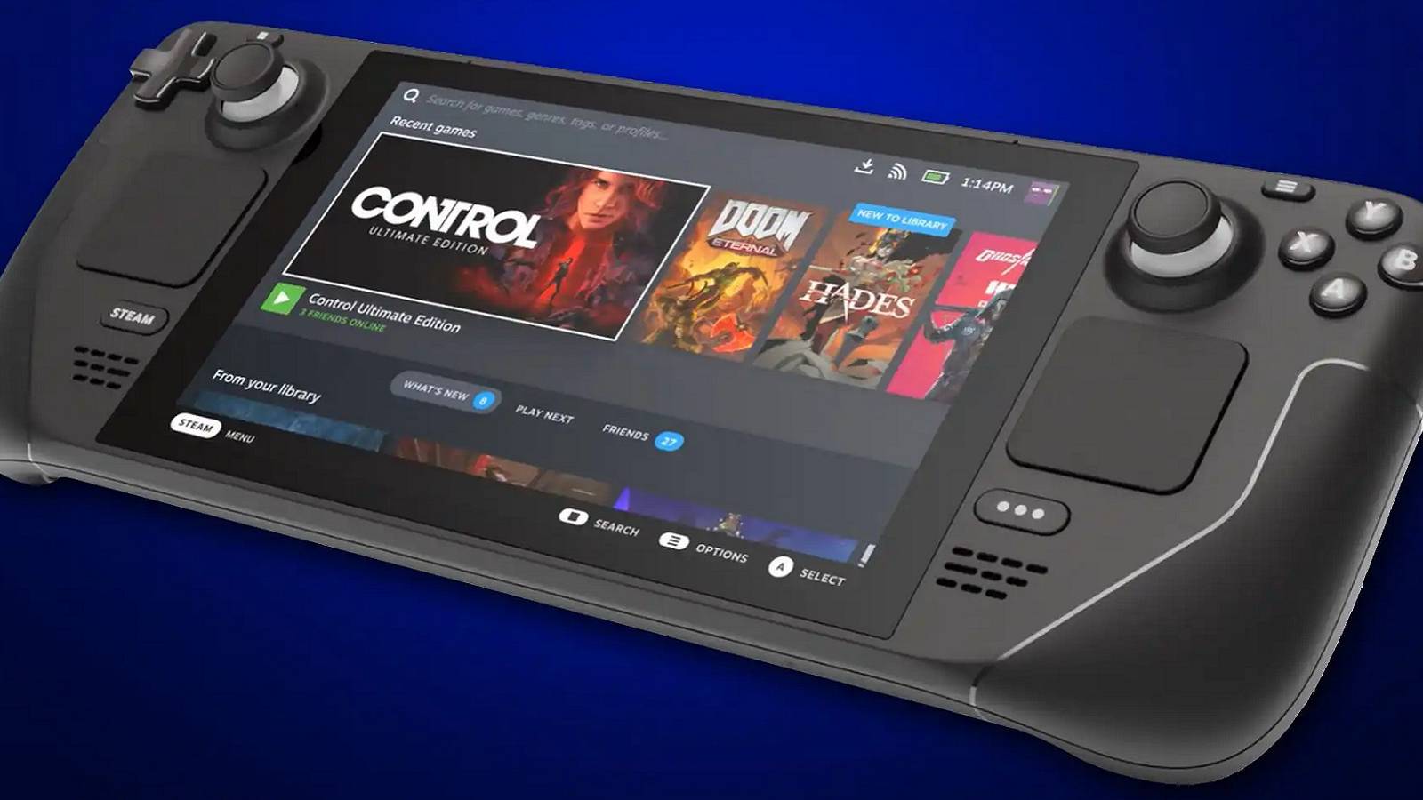 Image of a Steam Deck on a blue background.