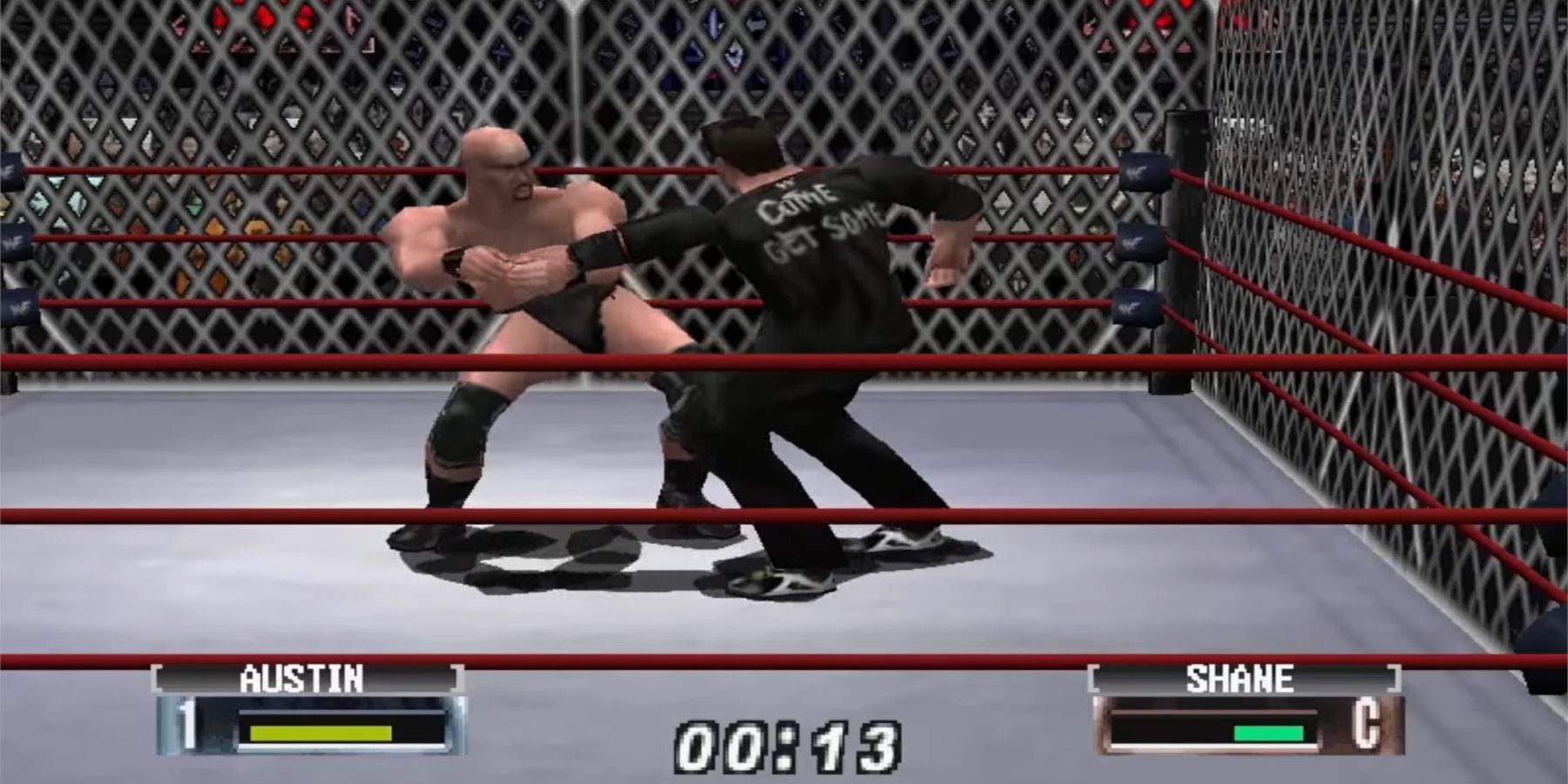 Two wrestlers face off in a WWF No Mercy cage match.