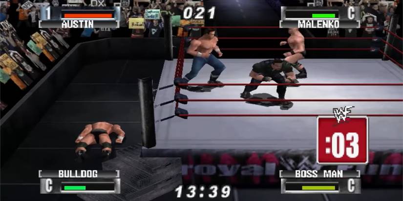 Four wrestlers brawl in WWF No Mercy for the Nintendo 64
