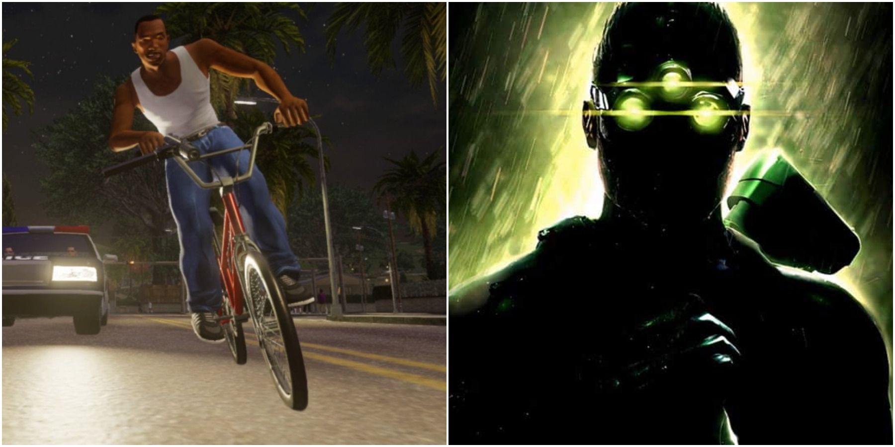 (Слева) Карл на велосипеде (справа) Сэм Фишер из Splinter Cell