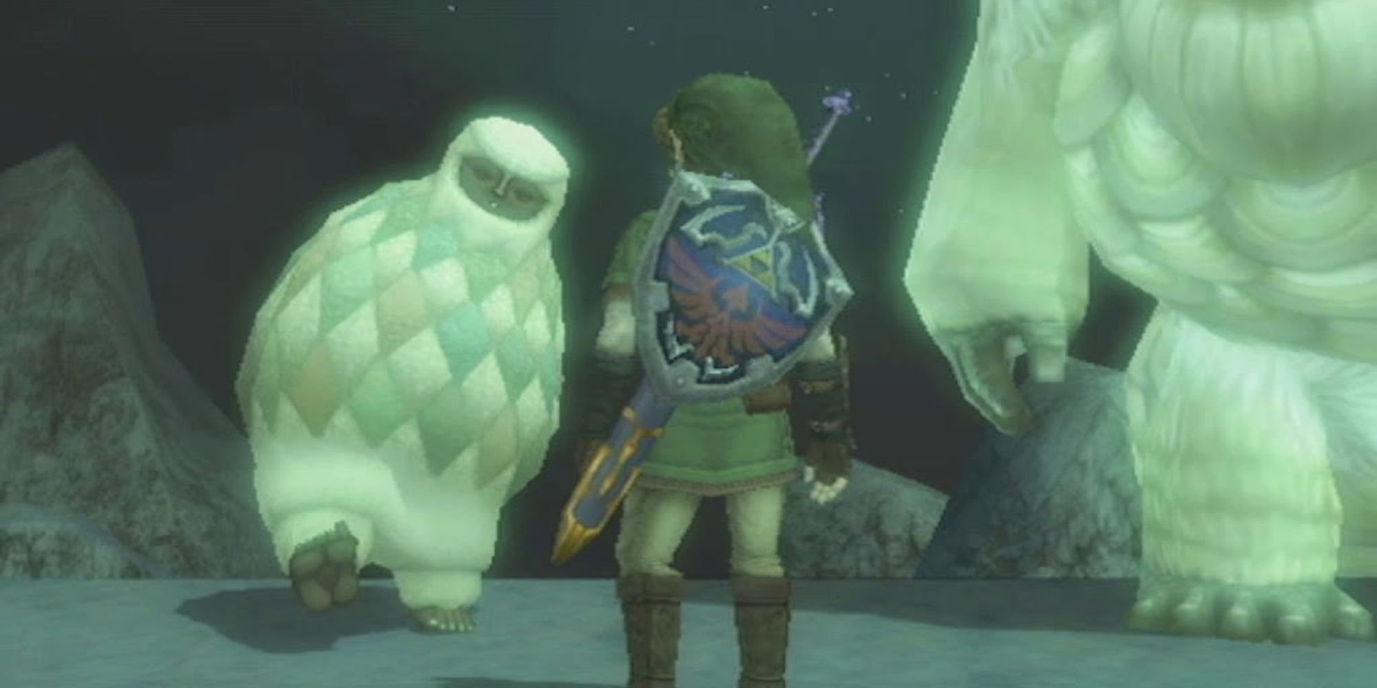 Link speaking to Yeta in Twilight Princess. Yeto stands on one side.