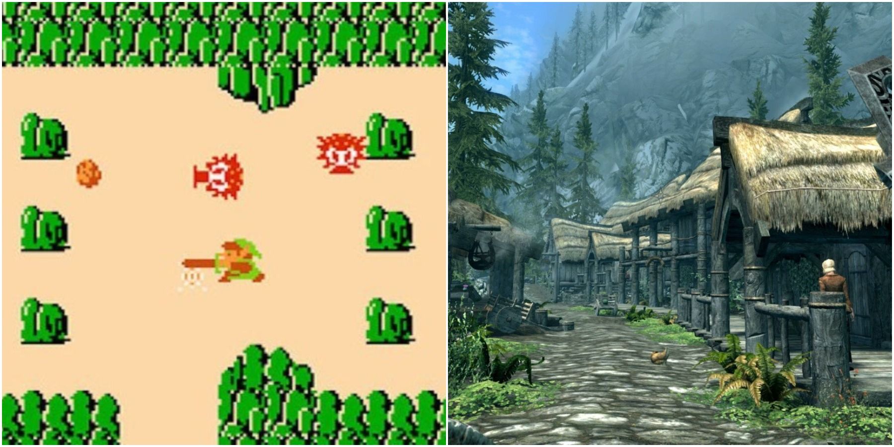 (Слева) Линк, сражающийся с врагами в Legend of Zelda (Справа) Ривервуд в Скайриме