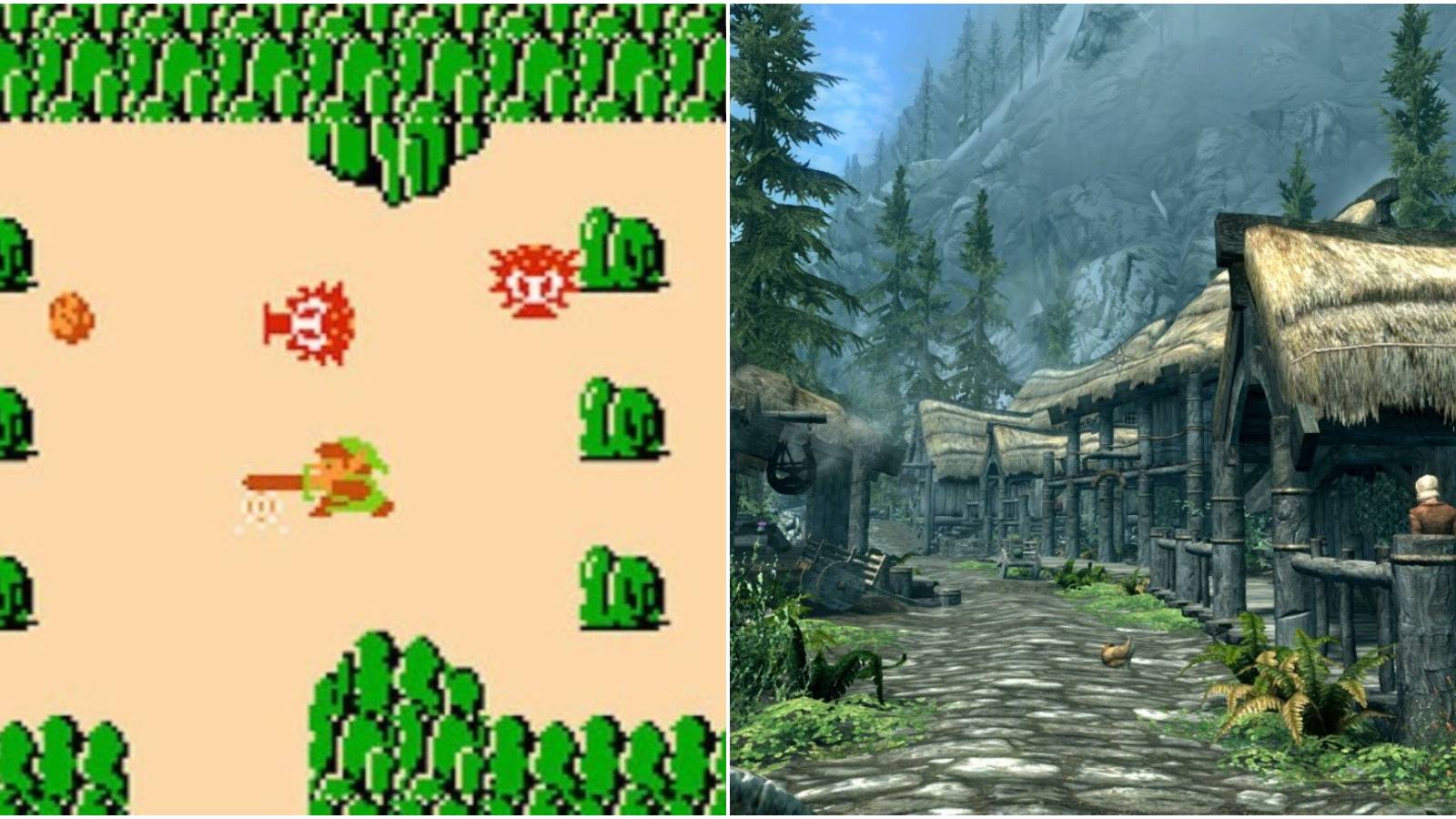 (Left) Link fighting enemies in Legend of Zelda (Right) Riverwood in Skyrim