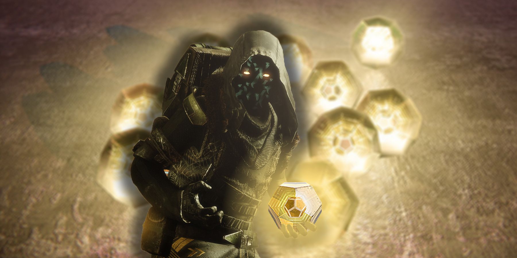 Xur holds an exotic engram in Destiny 2 with a stack of exotic engrams behind him.